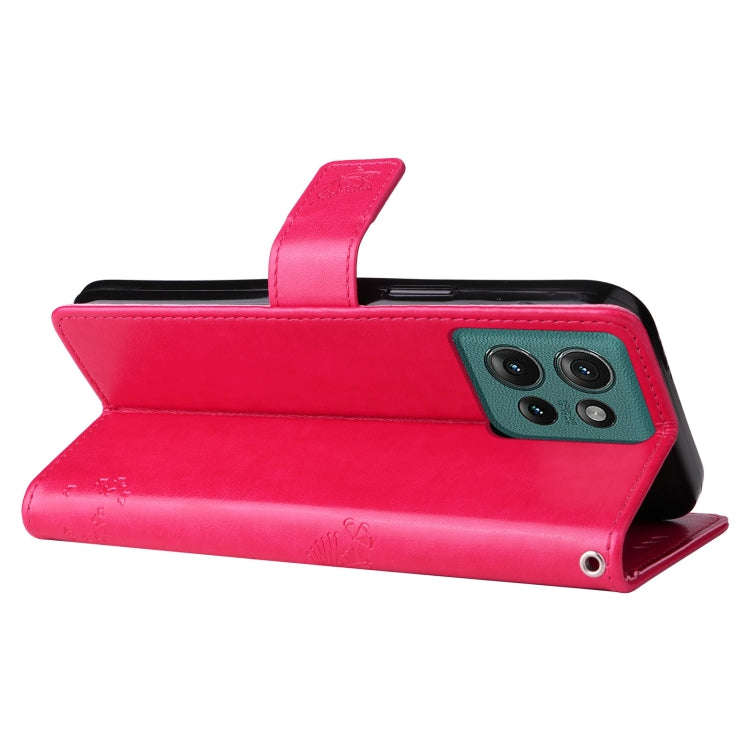 For Motorola Edge 50 5G Tree & Cat Embossed Pattern Flip Leather Phone Case(Rose Red)