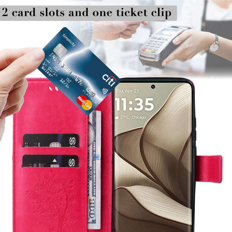 For Motorola Edge 50 5G Tree & Cat Embossed Pattern Flip Leather Phone Case(Rose Red)