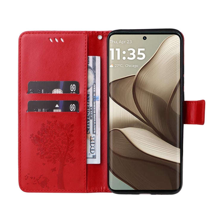 For Motorola Edge 50 5G Tree & Cat Embossed Pattern Flip Leather Phone Case(Red)