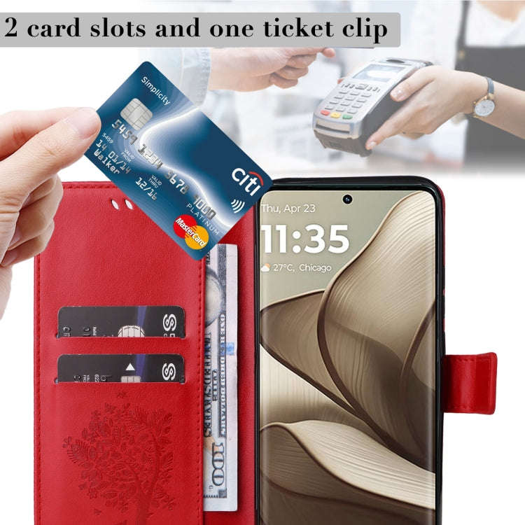 For Motorola Edge 50 5G Tree & Cat Embossed Pattern Flip Leather Phone Case(Red)