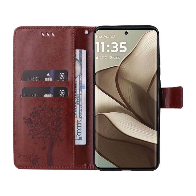 For Motorola Edge 50 5G Tree & Cat Embossed Pattern Flip Leather Phone Case(Coffee)