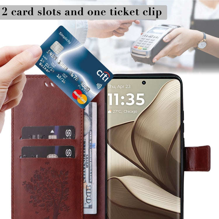 For Motorola Edge 50 5G Tree & Cat Embossed Pattern Flip Leather Phone Case(Coffee)