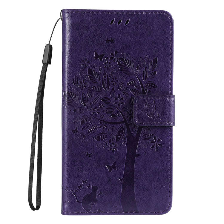 For Motorola Edge 50 5G Tree & Cat Embossed Pattern Flip Leather Phone Case(Purple)