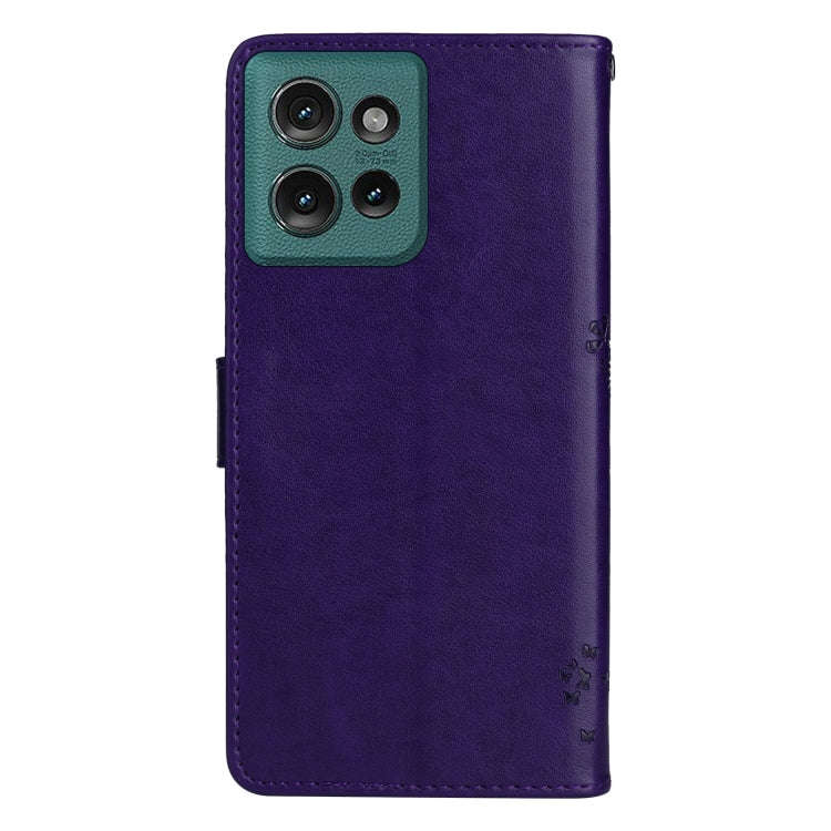 For Motorola Edge 50 5G Tree & Cat Embossed Pattern Flip Leather Phone Case(Purple)