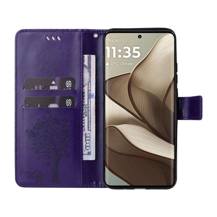 For Motorola Edge 50 5G Tree & Cat Embossed Pattern Flip Leather Phone Case(Purple)