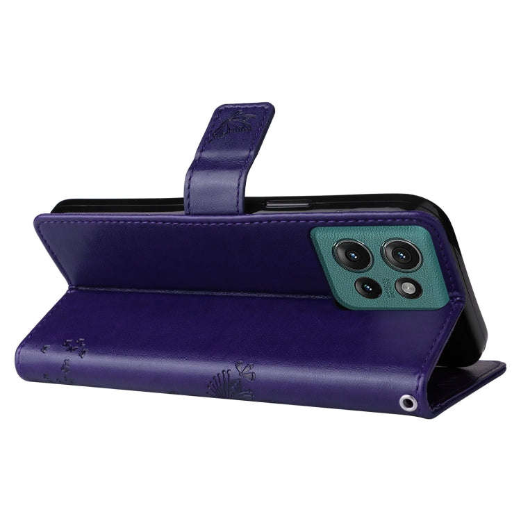For Motorola Edge 50 5G Tree & Cat Embossed Pattern Flip Leather Phone Case(Purple)