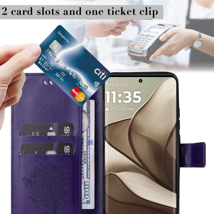 For Motorola Edge 50 5G Tree & Cat Embossed Pattern Flip Leather Phone Case(Purple)