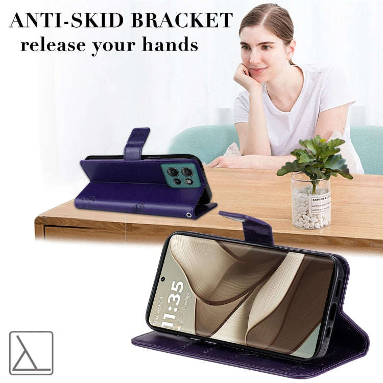 For Motorola Edge 50 5G Tree & Cat Embossed Pattern Flip Leather Phone Case(Purple)