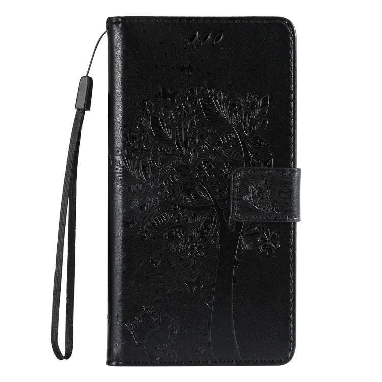 For Motorola Edge 50 5G Tree & Cat Embossed Pattern Flip Leather Phone Case(Black)