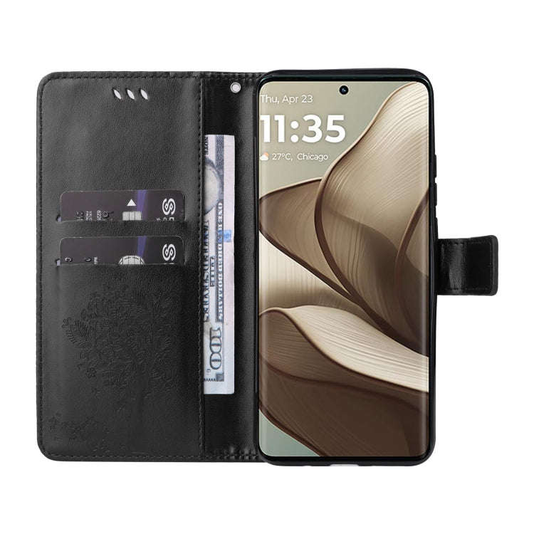 For Motorola Edge 50 5G Tree & Cat Embossed Pattern Flip Leather Phone Case(Black)