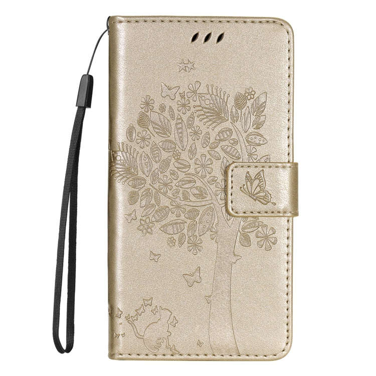 For Motorola Edge 50 5G Tree & Cat Embossed Pattern Flip Leather Phone Case(Gold)