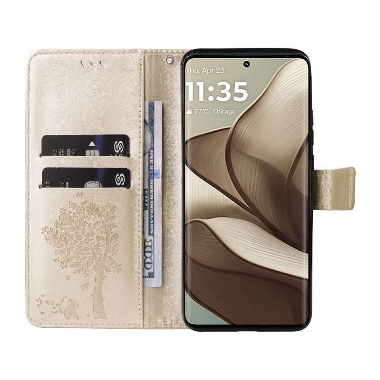 For Motorola Edge 50 5G Tree & Cat Embossed Pattern Flip Leather Phone Case(Gold)