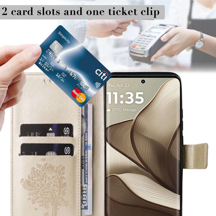 For Motorola Edge 50 5G Tree & Cat Embossed Pattern Flip Leather Phone Case(Gold)