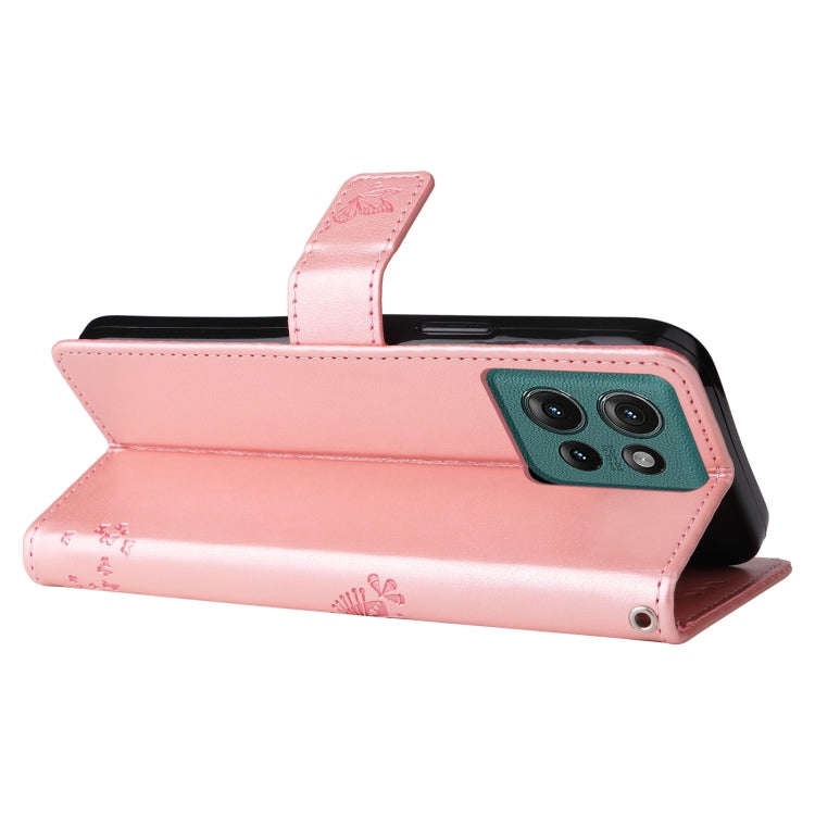 For Motorola Edge 50 5G Tree & Cat Embossed Pattern Flip Leather Phone Case(Rose Gold)