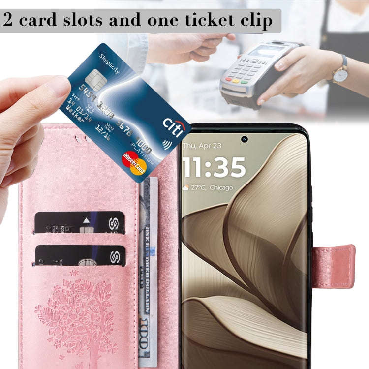 For Motorola Edge 50 5G Tree & Cat Embossed Pattern Flip Leather Phone Case(Rose Gold)