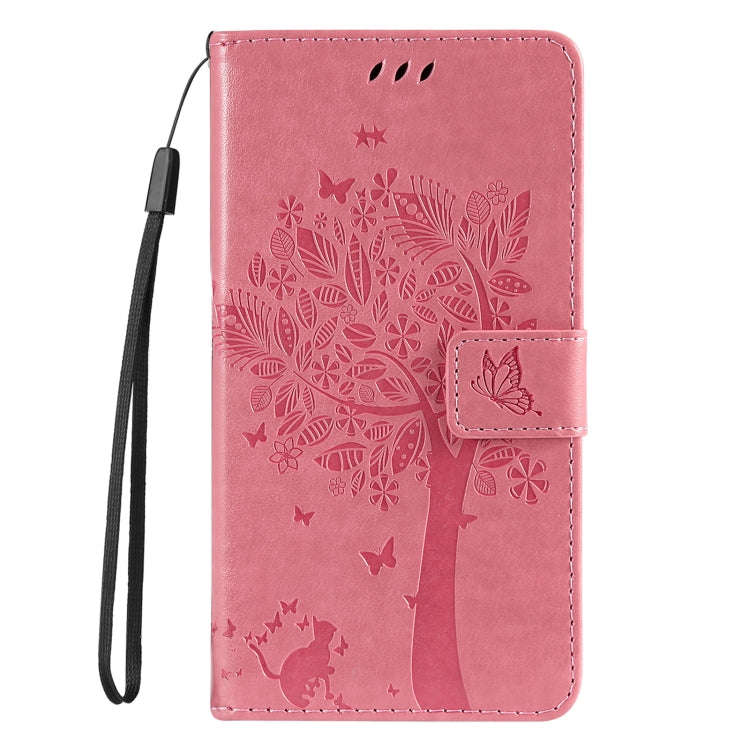 For Motorola Edge 50 Neo Tree & Cat Embossed Pattern Flip Leather Phone Case(Pink)