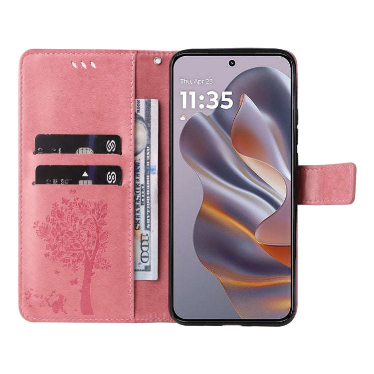 For Motorola Edge 50 Neo Tree & Cat Embossed Pattern Flip Leather Phone Case(Pink)
