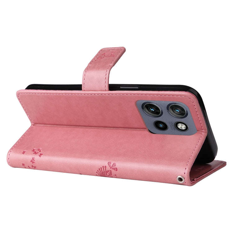 For Motorola Edge 50 Neo Tree & Cat Embossed Pattern Flip Leather Phone Case(Pink)