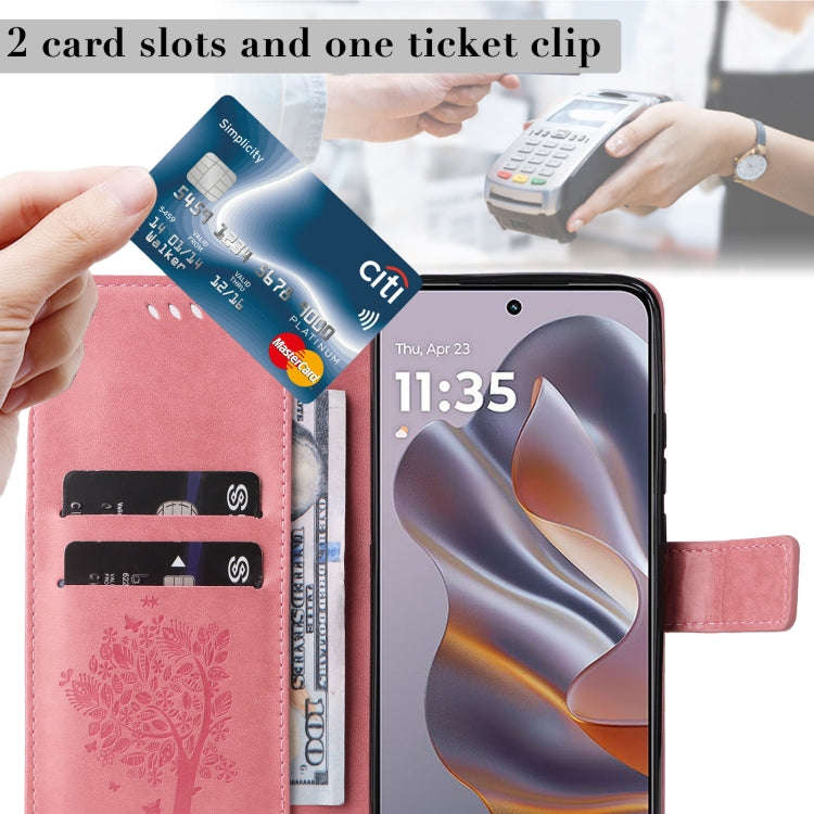 For Motorola Edge 50 Neo Tree & Cat Embossed Pattern Flip Leather Phone Case(Pink)