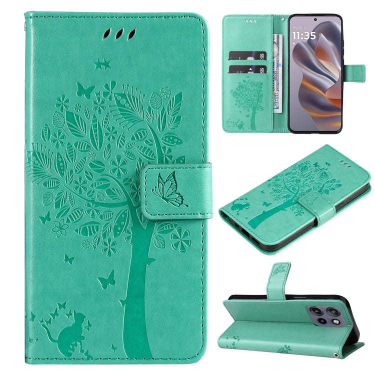 For Motorola Edge 50 Neo Tree & Cat Embossed Pattern Flip Leather Phone Case(Green)