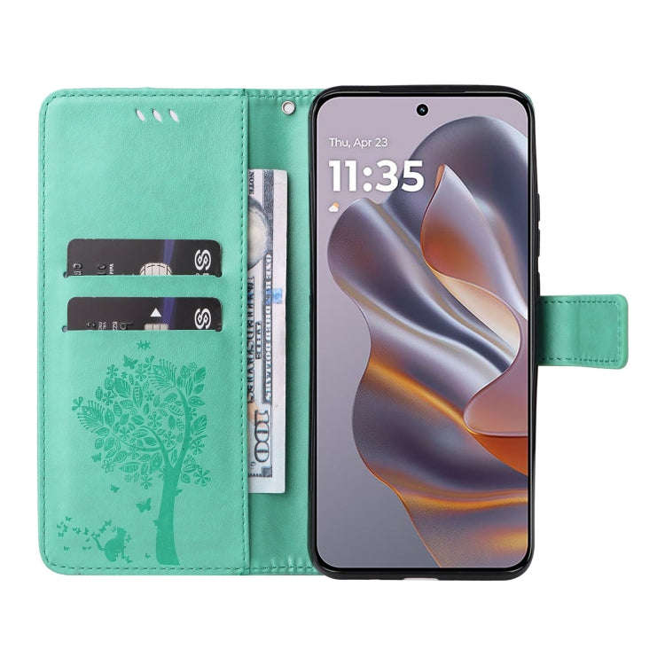 For Motorola Edge 50 Neo Tree & Cat Embossed Pattern Flip Leather Phone Case(Green)