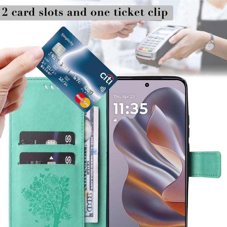 For Motorola Edge 50 Neo Tree & Cat Embossed Pattern Flip Leather Phone Case(Green)