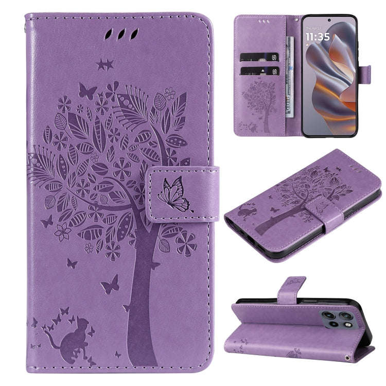 For Motorola Edge 50 Neo Tree & Cat Embossed Pattern Flip Leather Phone Case(Light Purple)