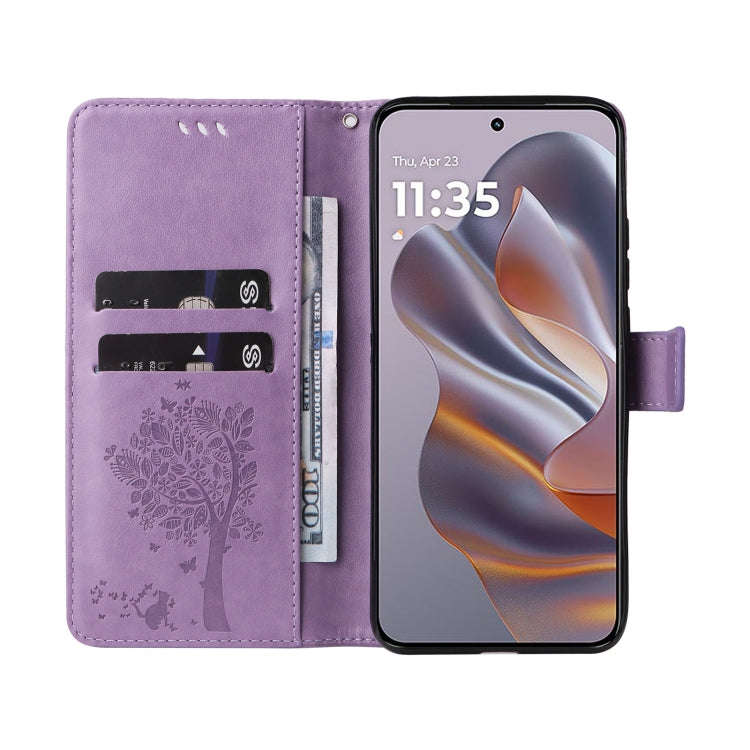For Motorola Edge 50 Neo Tree & Cat Embossed Pattern Flip Leather Phone Case(Light Purple)