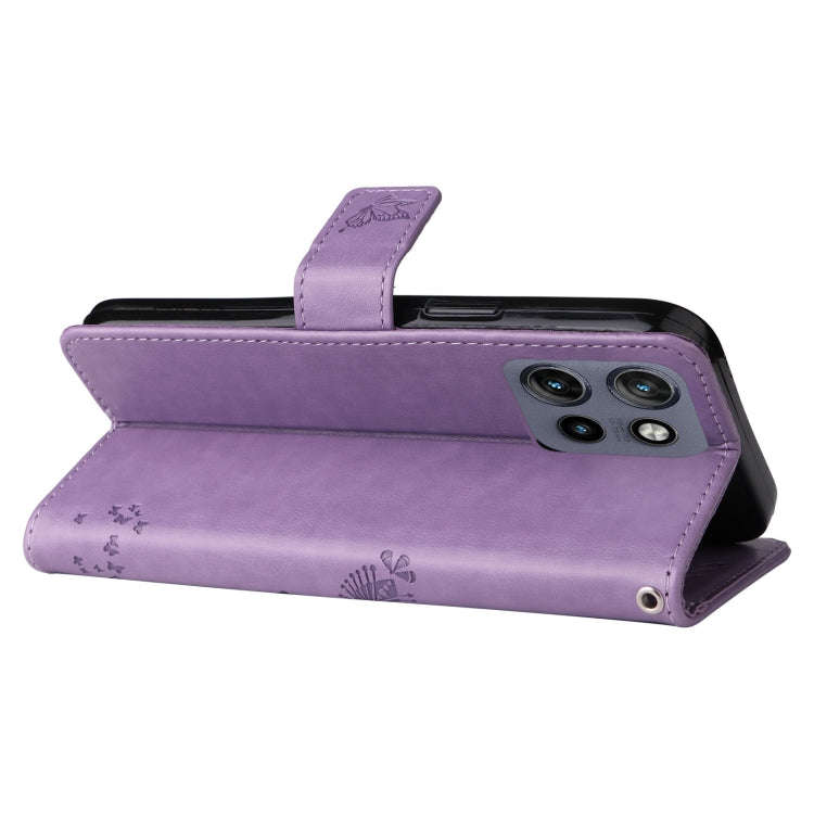 For Motorola Edge 50 Neo Tree & Cat Embossed Pattern Flip Leather Phone Case(Light Purple)
