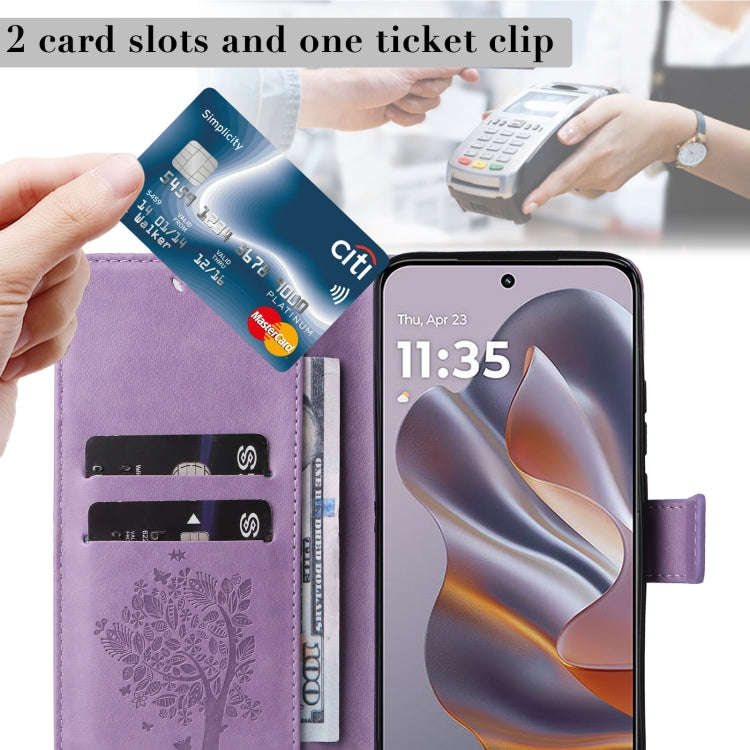 For Motorola Edge 50 Neo Tree & Cat Embossed Pattern Flip Leather Phone Case(Light Purple)