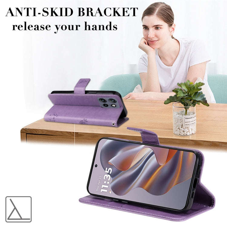 For Motorola Edge 50 Neo Tree & Cat Embossed Pattern Flip Leather Phone Case(Light Purple)