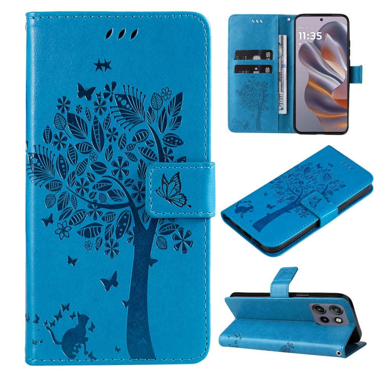 For Motorola Edge 50 Neo Tree & Cat Embossed Pattern Flip Leather Phone Case(Blue)