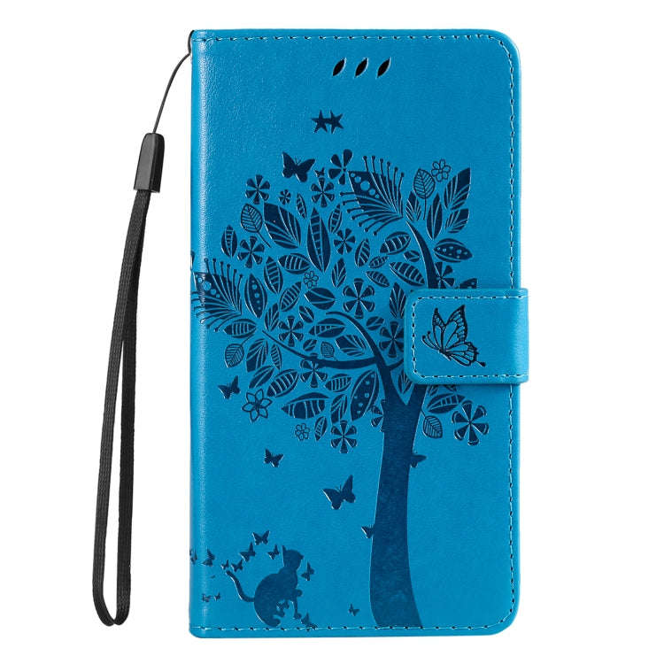 For Motorola Edge 50 Neo Tree & Cat Embossed Pattern Flip Leather Phone Case(Blue)