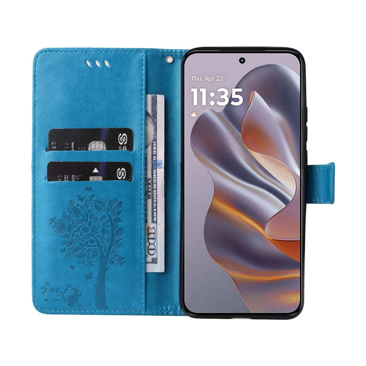For Motorola Edge 50 Neo Tree & Cat Embossed Pattern Flip Leather Phone Case(Blue)