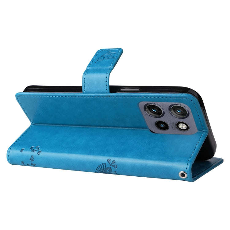 For Motorola Edge 50 Neo Tree & Cat Embossed Pattern Flip Leather Phone Case(Blue)