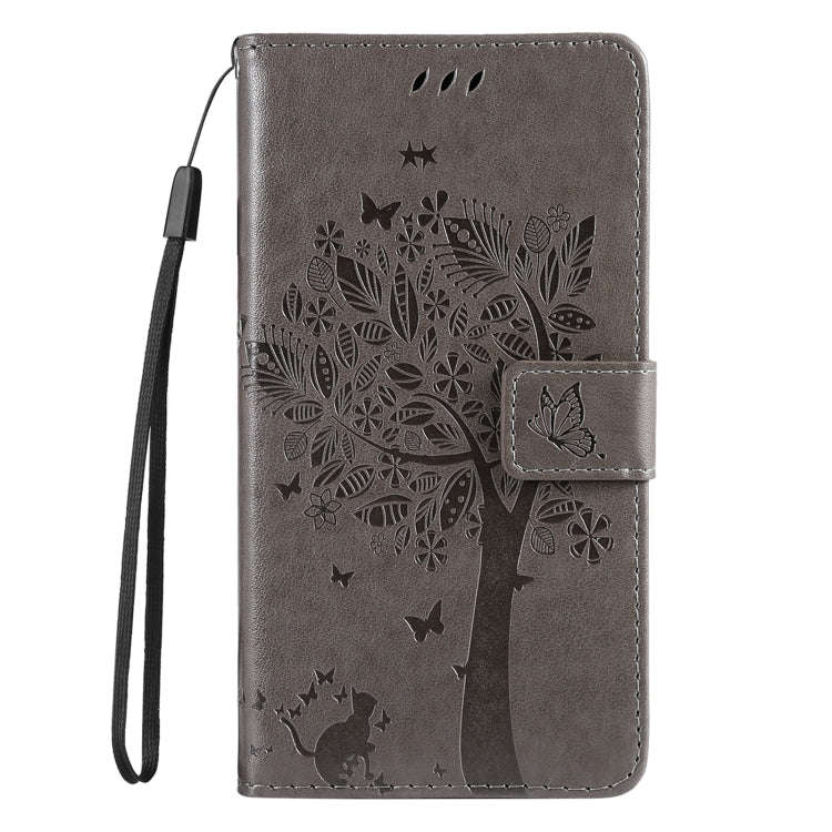 For Motorola Edge 50 Neo Tree & Cat Embossed Pattern Flip Leather Phone Case(Grey)