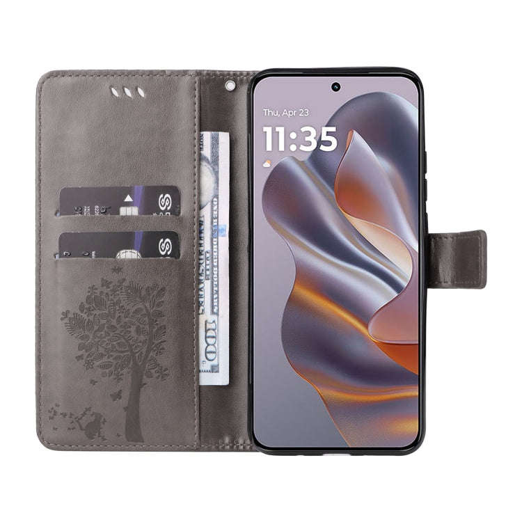 For Motorola Edge 50 Neo Tree & Cat Embossed Pattern Flip Leather Phone Case(Grey)