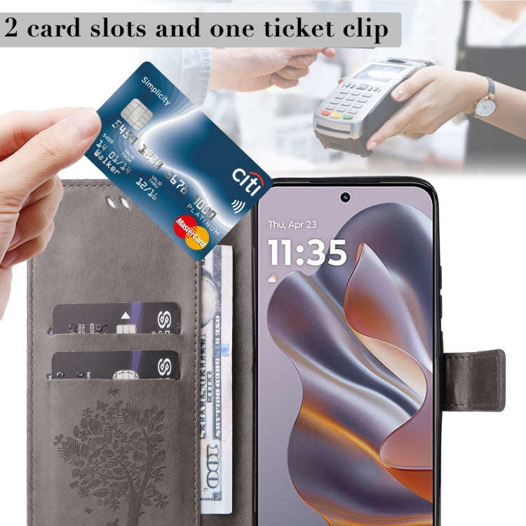 For Motorola Edge 50 Neo Tree & Cat Embossed Pattern Flip Leather Phone Case(Grey)