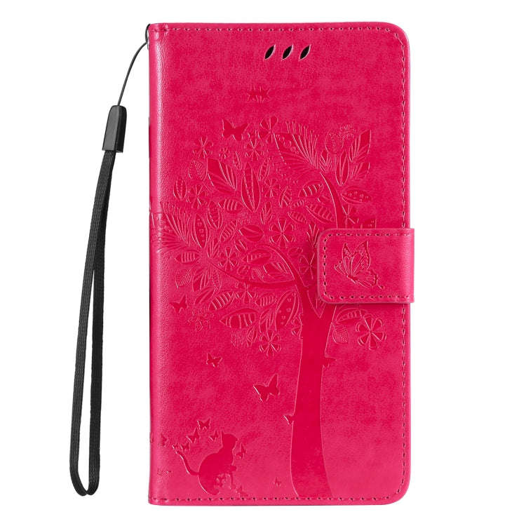For Motorola Edge 50 Neo Tree & Cat Embossed Pattern Flip Leather Phone Case(Rose Red)