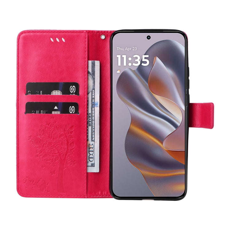 For Motorola Edge 50 Neo Tree & Cat Embossed Pattern Flip Leather Phone Case(Rose Red)