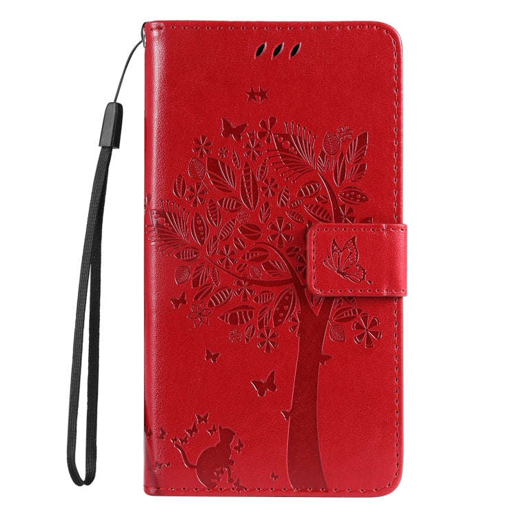 For Motorola Edge 50 Neo Tree & Cat Embossed Pattern Flip Leather Phone Case(Red)