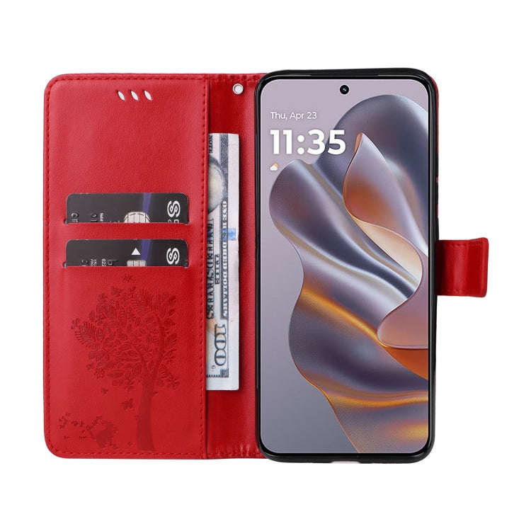 For Motorola Edge 50 Neo Tree & Cat Embossed Pattern Flip Leather Phone Case(Red)