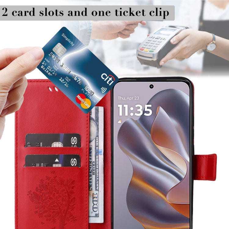 For Motorola Edge 50 Neo Tree & Cat Embossed Pattern Flip Leather Phone Case(Red)
