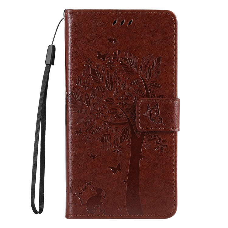For Motorola Edge 50 Neo Tree & Cat Embossed Pattern Flip Leather Phone Case(Coffee)