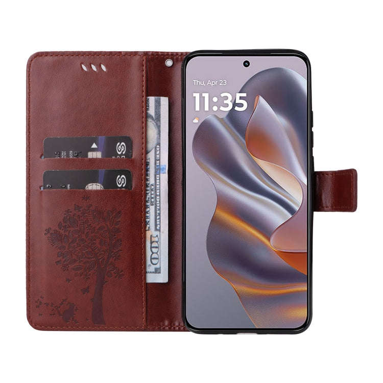 For Motorola Edge 50 Neo Tree & Cat Embossed Pattern Flip Leather Phone Case(Coffee)