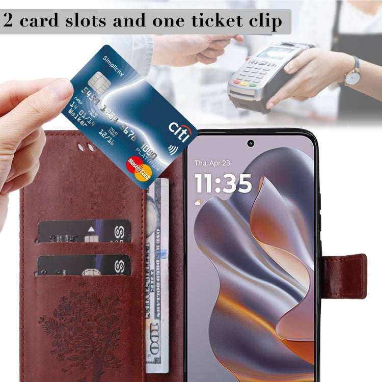 For Motorola Edge 50 Neo Tree & Cat Embossed Pattern Flip Leather Phone Case(Coffee)