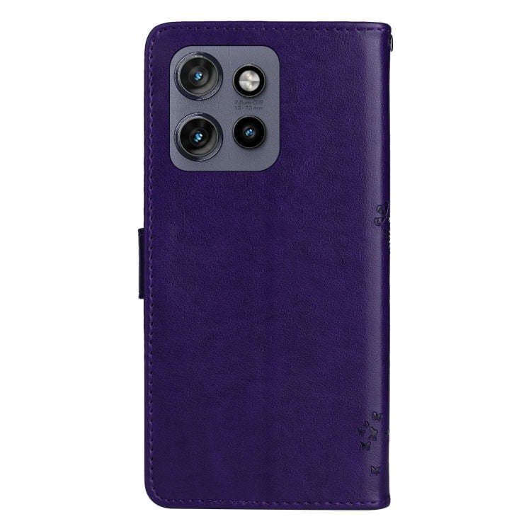 For Motorola Edge 50 Neo Tree & Cat Embossed Pattern Flip Leather Phone Case(Purple)