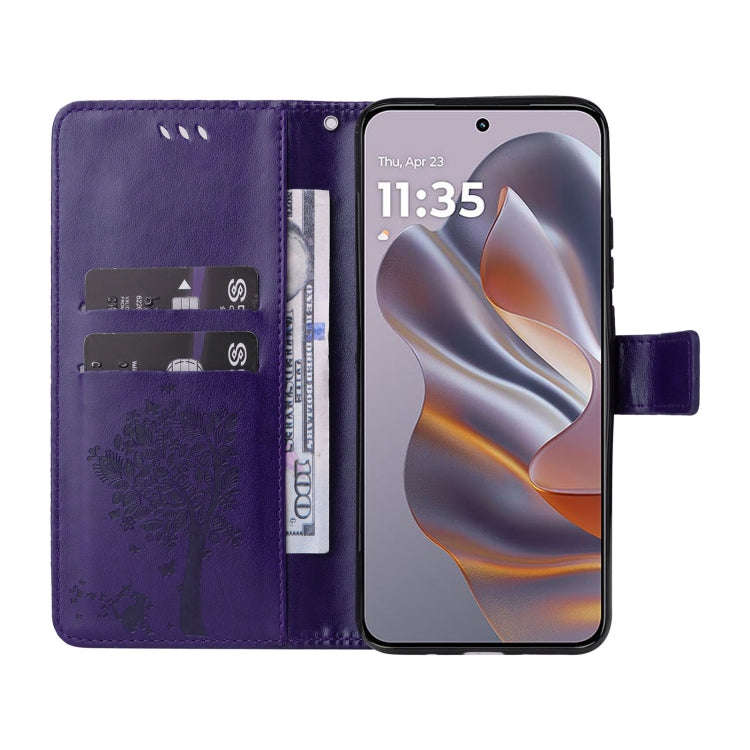 For Motorola Edge 50 Neo Tree & Cat Embossed Pattern Flip Leather Phone Case(Purple)