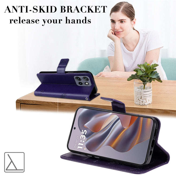 For Motorola Edge 50 Neo Tree & Cat Embossed Pattern Flip Leather Phone Case(Purple)