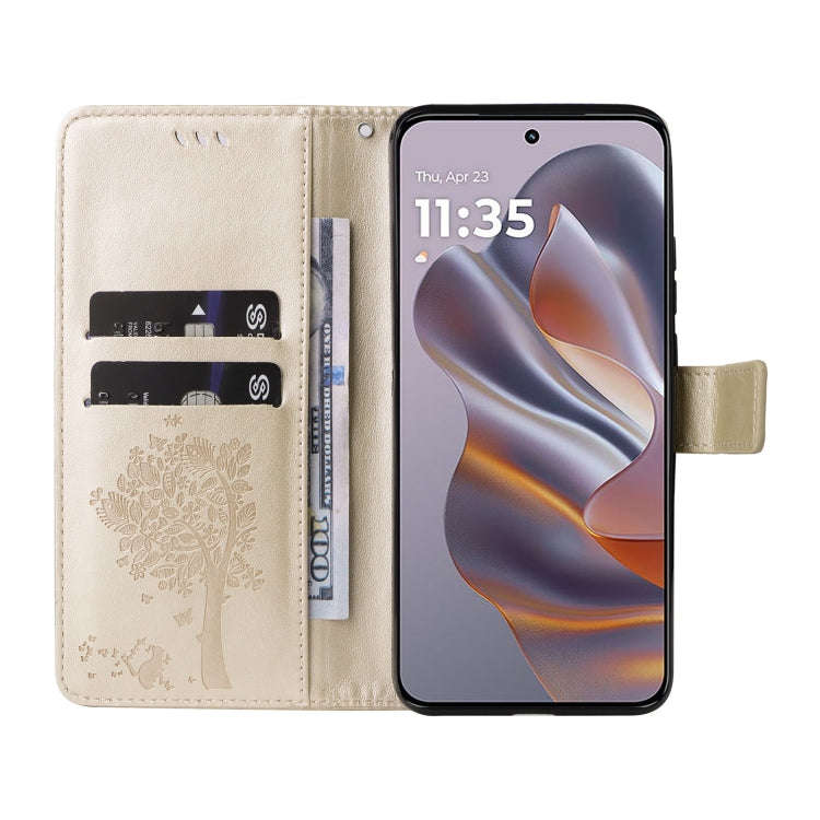 For Motorola Edge 50 Neo Tree & Cat Embossed Pattern Flip Leather Phone Case(Gold)